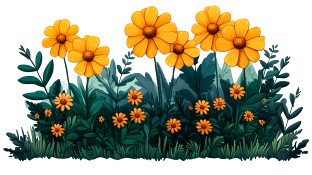 Floral bed with yellow blooms and foliage, lush, vibrant, cut out transparent png