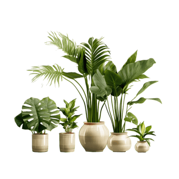 A group of plants in white vases png