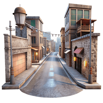 dramatic contemporary Dreamlike Urban Street Cutout with Low Angle and Transparent Background png