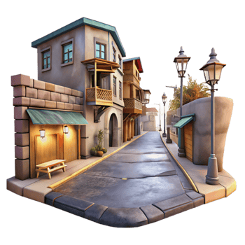 dramatic modern Dreamlike Urban Street Cutout with Low Angle and Transparent Background png