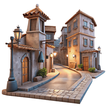 magnificent rustic Dreamlike Urban Street Cutout with Low Angle and Transparent Background detailed png