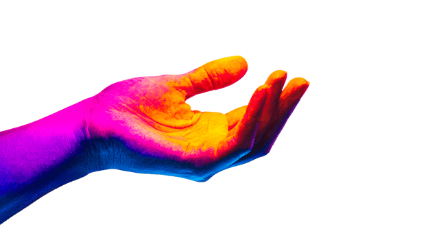 Multicolored hand reaching, asking, holding, neon bright , cut out transparent png