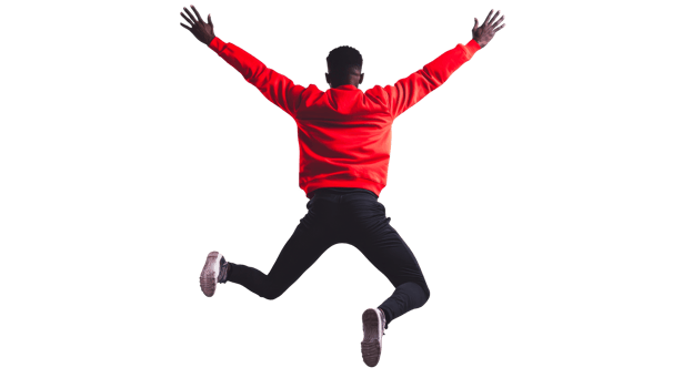 Back view of joyful man jumping with open arms, cut out transparent png