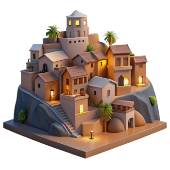 dramatic traditional Dusk Lit Hillside Town Cutout Transparent Background Element genuine png