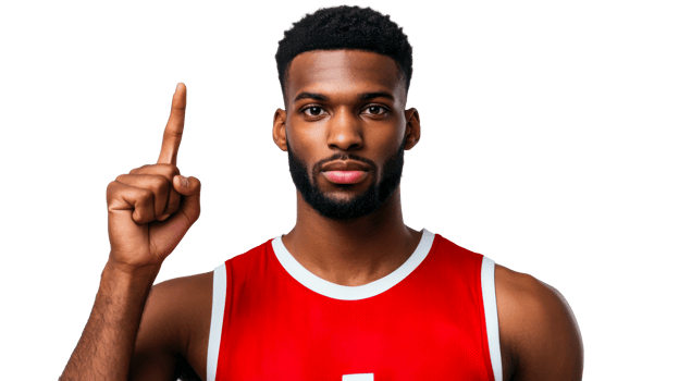 Handsome African-American man in red top points up, cut out transparent png