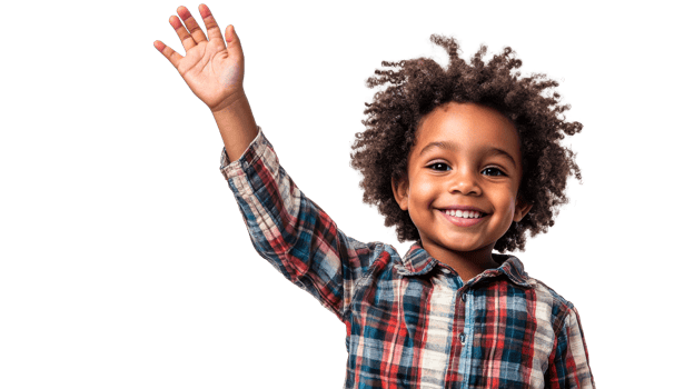 Cheerful boy raising hand, afro hair, plaid shirt, cutout transparent png