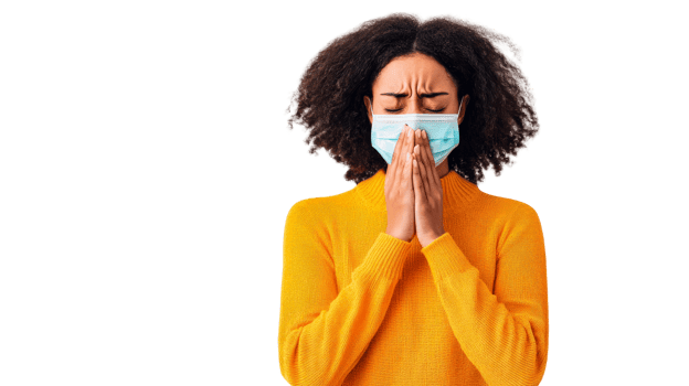 Sick woman in mask is feeling ill, eyes are closed, cut out transparent png