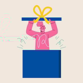 Happy young woman opening a present box. Colorful illustration vector