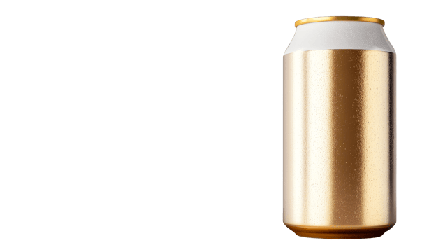 Golden beer can with condensation on black background, cut out transparent png