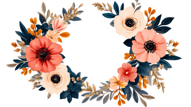 Floral wreath with red, peach flowers isolated on black, cut out transparent png
