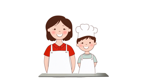 Mother and son cooking together, cute cartoon illustration, cut out transparent png
