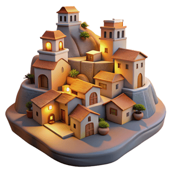 vibrant abstract Evening Town Isolated Warm Light Hilltop Houses professional png