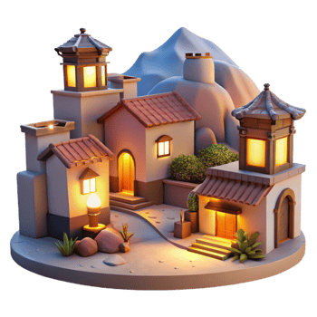 serene traditional Evening Village Cutout with Warm Light and Hillside View genuine png
