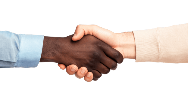 Diverse handshake, black and white skin hands together, cut out transparent png