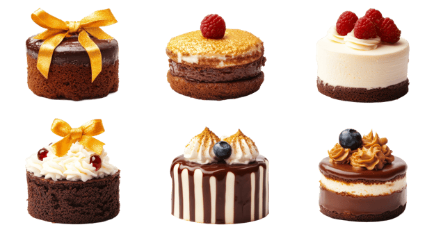 Mini cakes assortment with cream and berries decoration, cut out transparent png