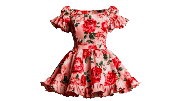 Elegant red floral dress, summer fashion apparel, stylish feminine garment, cut out transparent png