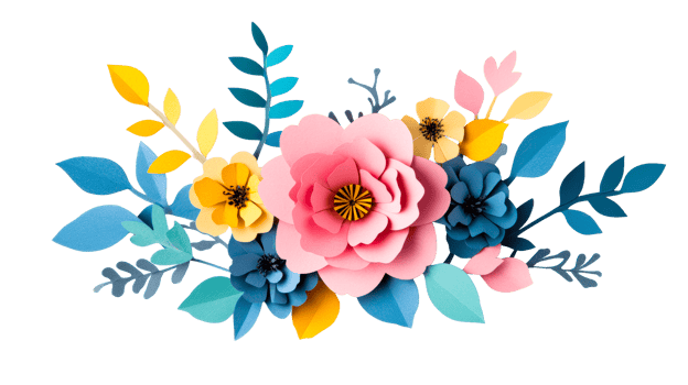 Paper flowers arrangement with pink and blue colors, cut out transparent png