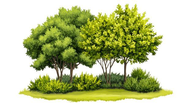 Lush illustration of trees and bushes with leaves, cut out transparent png