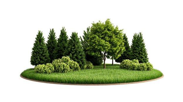 Island of vegetation with lawn and trees, cut out transparent png