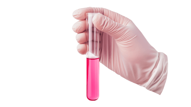 Hand in glove holds test tube with pink liquid, cut out transparent png