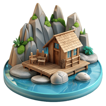 wonderful classic Fjord Landscape with Wooden Cabin Isolated Element png