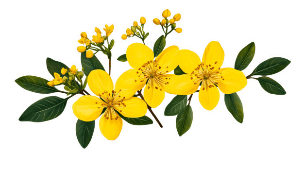 Yellow Hypericum arrangement on black, cut out transparent png