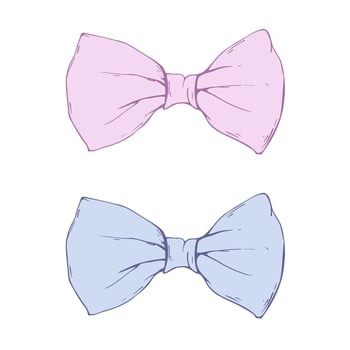 Satin bow-butterfly made of fabric wide ribbon Graphic sketch illustration hand drawn line art, outline in blue pink. Single isolated element EPS, for hair decoration, clothes, gifts, holidays vector