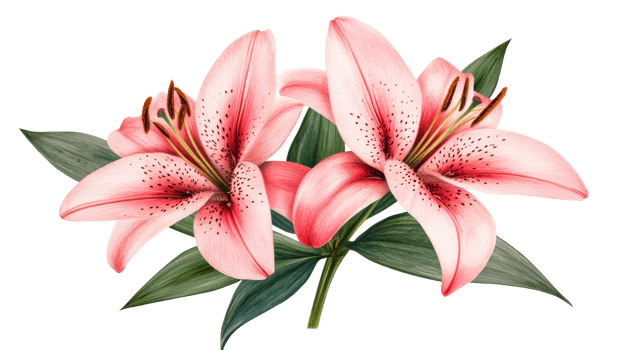 Two vibrant pink lilies, floral botanical design, cut out transparent png