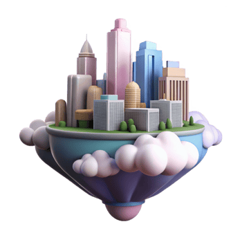 dramatic abstract Floating Cityscape Cutout with Bright Clouds Transparent Background high quality png