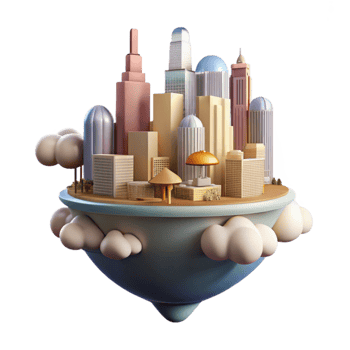 elegant abstract Floating Cityscape Cutout with Bright Clouds Transparent Background high resolution png
