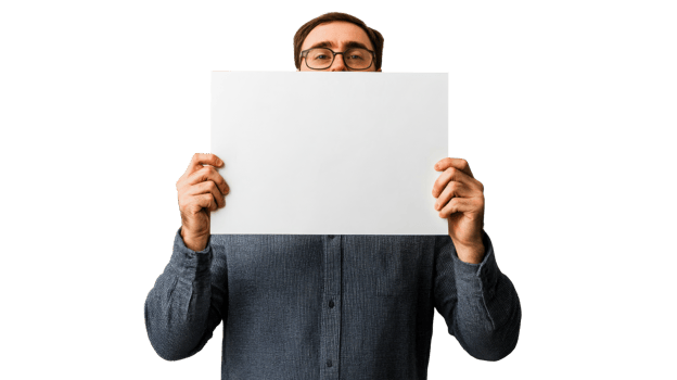 Person with glasses holding blank white poster in hands, cut out transparent png