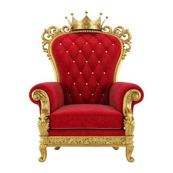 Red velvet throne with gold accents and crown. png