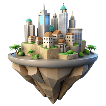 dramatic creative Floating Island City Cutout with Green Gardens Transparent Background professional png