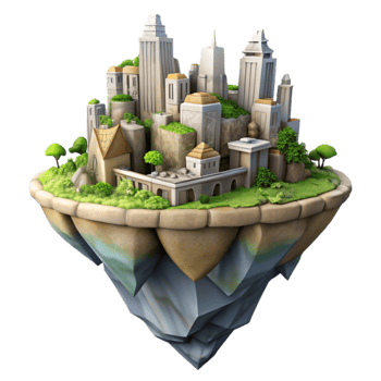 magnificent artistic Floating Island City Cutout with Green Gardens Transparent Background authentic png