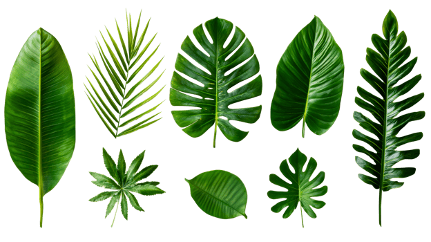 Variety of lush green tropical leaves, cutout transparent png