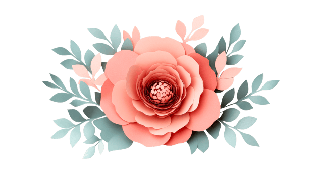 Floral design element with paper flower and leaves, cut out transparent png