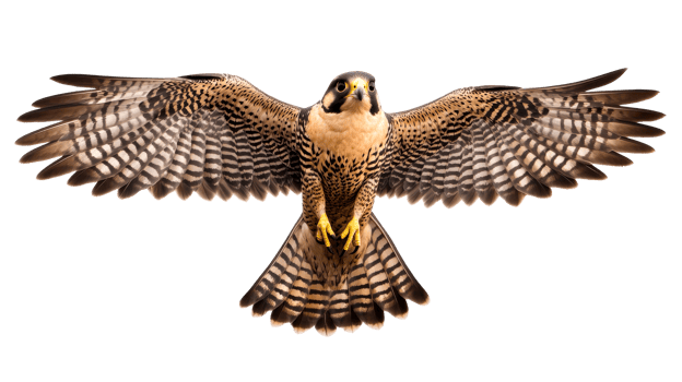 Majestic falcon soaring, wings spread wide against black backdrop, cut out transparent png