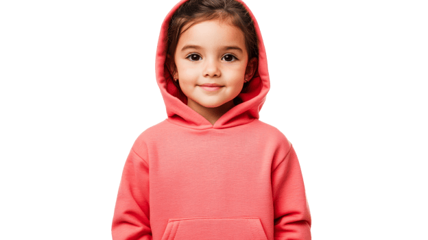 Little girl with a sweet smile in a pink hoodie, cut out transparent png