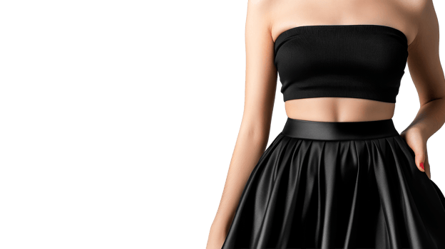 Torso in black top and skirt posing, studio shot, cut out transparent png