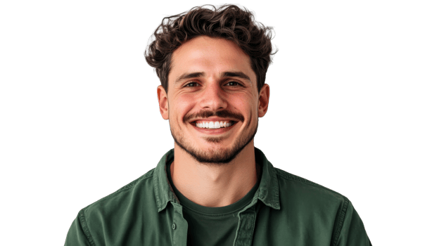 Smiling attractive male with beard poses, cut out transparent png