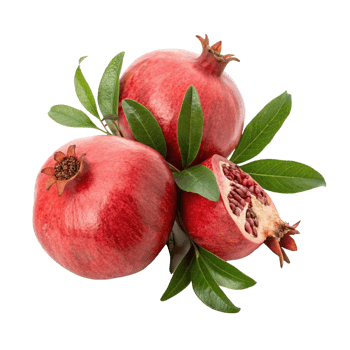 Fresh ripe pomegranates with green leaves png
