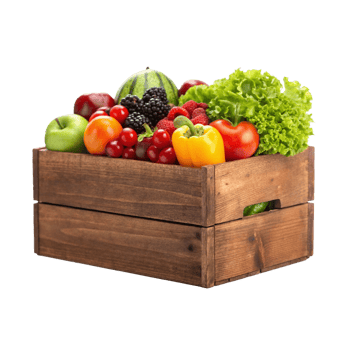 Fresh fruits and vegetables in a wooden crate png
