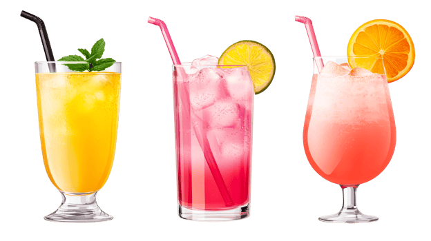 Three fruity cocktails with ice, on black background, cut out transparent png