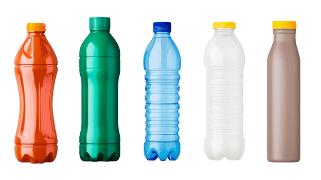 Row of Colorful Plastic Bottles for Drinks Packaging, cut out transparent png