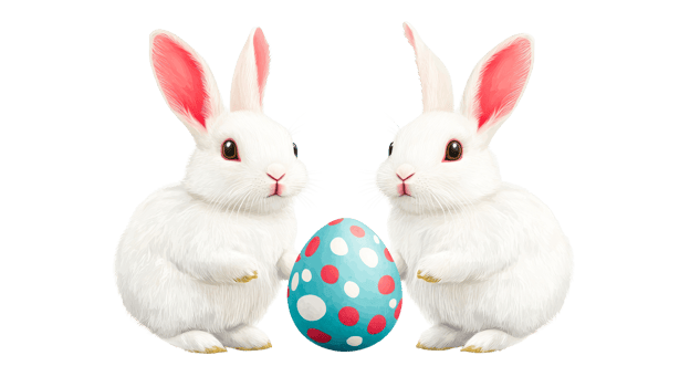 Two fluffy Easter bunnies with Easter egg, cut out transparent png