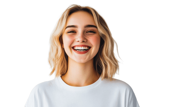 Attractive blond woman in a joyful mood smiles broadly, cut out transparent png