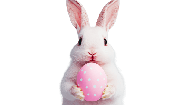 Easter bunny holding painted egg, cut out transparent png
