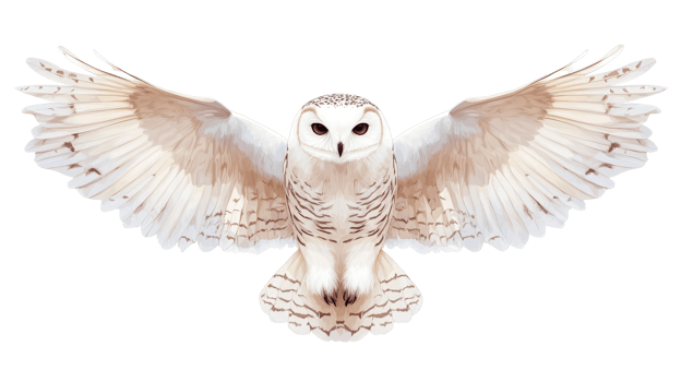 Snowy owl soars with outstretched wings, wildlife illustration, cut out transparent png