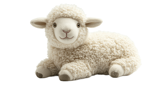 Adorable plush lamb, soft toy, black background, cute animal, isolated object, cut out transparent png