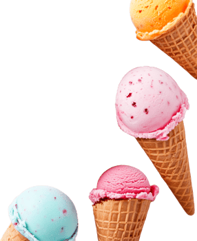 Colorful ice cream cones on a black background, cut out transparent png